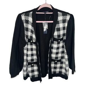 Adrienne Vittadini Soft Eyelash Plush Pearl Plaid Open Cardigan Preppy Sweater